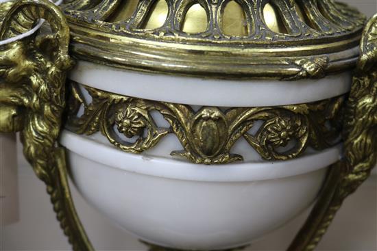 A pair of Louis XVI style white marble and gilt metal cassolettes, height 44.5cm